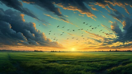 a green field at the break of dawn, with birds rising into the sky in unison, their synchronized flight patterns creating intricate formations against the canvas of the awakening day. - obrazy, fototapety, plakaty