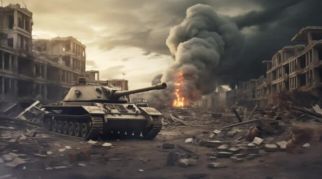 tank in the middle of ruined city warfare looping video animation background illustration