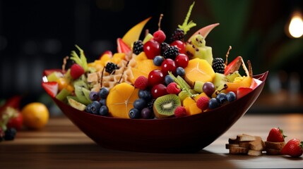 Naklejka premium Tropical Fusion: A harmonious fusion of tropical flavors showcased in a decorative boat-shaped bowl. 