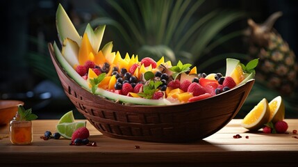 Tropical Fusion: A harmonious fusion of tropical flavors showcased in a decorative boat-shaped bowl. The dessert combines the sweetness of ripe berries with the tanginess of sliced oranges,