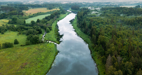 Fototapeta premium Aerial view on the river in wild in cloudy morning