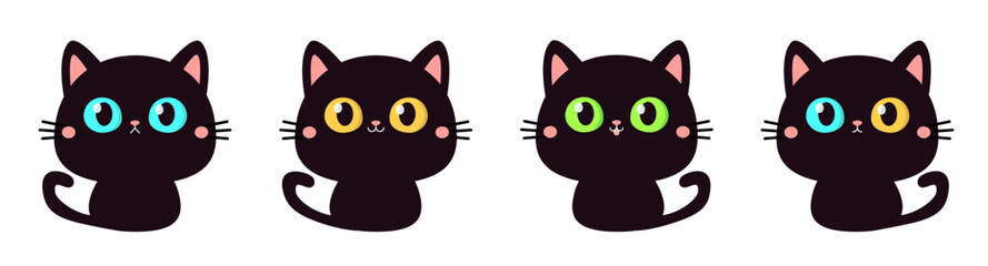 Cat set line. Kitten with big yellow, blue, green eyes. Black silhouette icon. Cute face head. Cartoon pet baby character. Pink ears, nose, cheek. Funny kawaii animal. Flat design. White background.