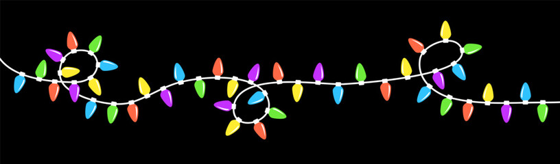 Lightbulb glowing garland line. Christmas lights set. Colorful string fairy light. Cartoon holiday festive xmas decoration. Rainbow color. Flat design. Isolated. Black background.