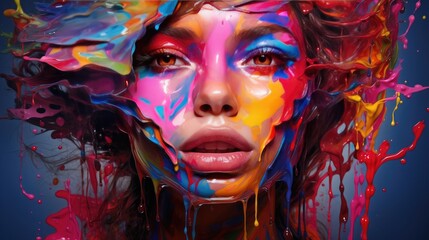 vibrant portrait of woman with colorful paint drips - dynamic abstract art expression and creative beauty concept for contemporary design projects