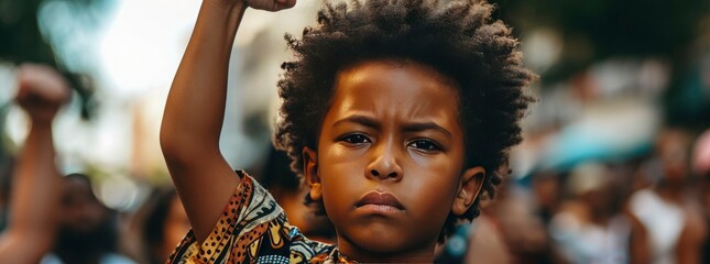 Black History Month concept, a young child with his fist raised in the air, in New York City. - obrazy, fototapety, plakaty
