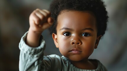 Black baby, kid with fist raised, black history month concept, african american boy, copy space, blank space for text, inclusivity and diversity, protest.