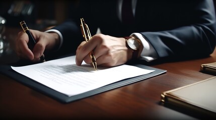 Close up of Business man signing document, sitting by table with his hands over document, Generative Ai