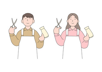 Hairdressers, man and woman, holding scissors and dryer. Hand-drawn-style vector line art illustrations.