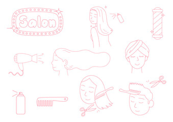 Set of beauty salon shops. hairdresser element vector icon. outline art and hand-drawn-style vector illustrations.