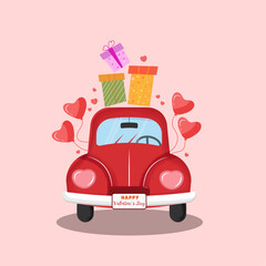 Retro car with gifts, Valentines day vector illustration, isolated