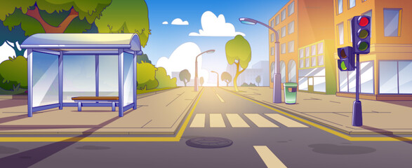 City street with road crossing and park. Vector cartoon illustration of pedestrian crosswalk in summer town, traffic light, glass bus stop with bench on pavement, green trees, cityscape buildings - obrazy, fototapety, plakaty