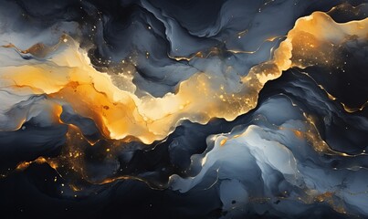 High resolution. Luxury abstract fluid art painting in alcohol ink technique, a mixture of black, gray, and gold paints. Imitation of marble stone cut, glowing golden veins. Tender and dreamy design.