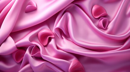 Obraz premium Magenta satin hearts 3d illustration on hot pink luxury cloth background – elegant silk drapery with flowers, perfect for design, postcards, and banners with copy space