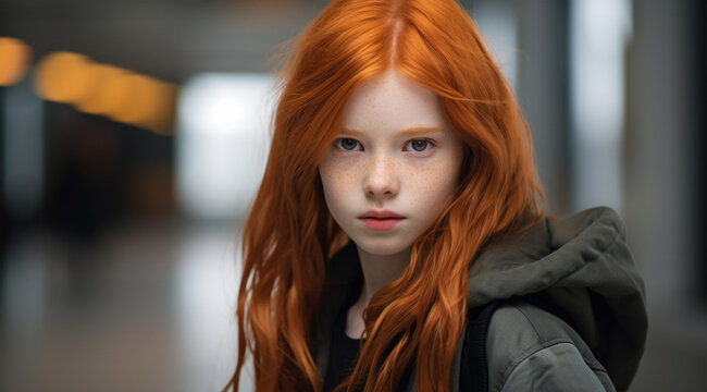 Portrait of a young girl with red hair in her school hallway. She is wearing a green coat and has a flawless complexion.