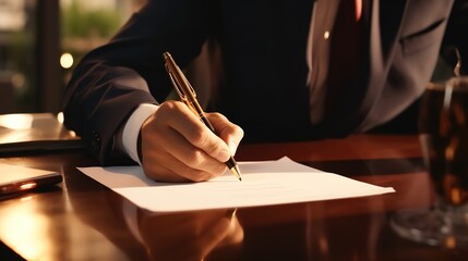Close up of Business man signing document, sitting by table with his hands over document,...