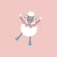 cute and lovely sheep holding hearts, happy valentine's day, birthday, love concept, flat vector illustration cartoon character design isolated