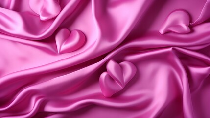 Obraz premium Magenta satin hearts 3d illustration on hot pink luxury cloth background – elegant silk drapery with flowers, perfect for design, postcards, and banners with copy space