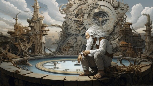 visionary old inventor on gear-throne overlooking a world of steam-powered islands, ideal for fantasy art and steampunk backgrounds