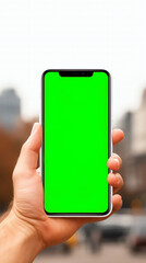 A man holds a smartphone with a green chromakey screen.