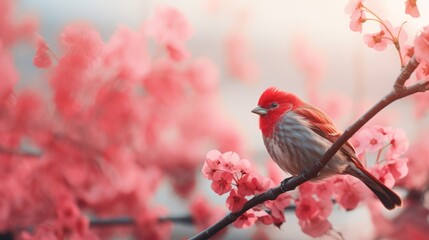 vibrant nature: bright red bird with pinky beaks perched on twig in lavender flower field