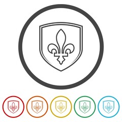 Shield with fleur de lis icon. Set icons in color circle buttons