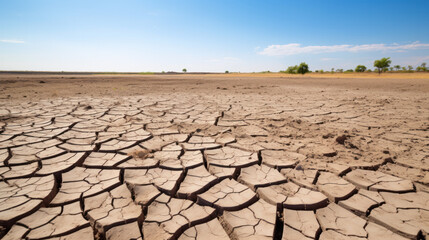 Fototapeta premium Dead trees on dry cracked earth metaphor Drought, Water crisis and World Climate change.
