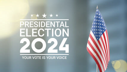 Promo banner for 2024 presidential election. USA flag stands on blurred background of city. Vote day. Vector illustration for USA election 2024 campaign. USA presidential election 2024. - obrazy, fototapety, plakaty