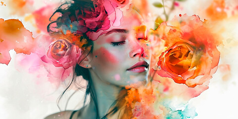 Women face watercolor illustration. Rose flowers.  Splashes of paint on the face. Horizontal copy space on pastel pink background.