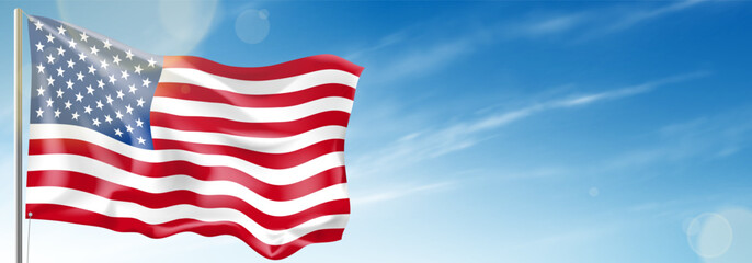Realistic waving american flag. USA flag waving in wind at cloudy sky. Template of banner or poster for USA events. Symbol of United States of America isolated on cloudy sky. Vector illustration. - obrazy, fototapety, plakaty