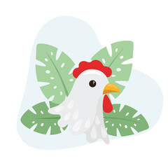 Hen flat vector Illustration icon decorated with leaves for web use for farm animals, bird, chicken
