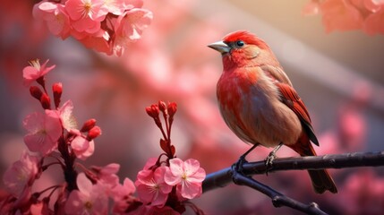 vibrant nature: bright red bird with pinky beaks perched on twig in lavender flower field