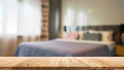 Wood table top and blurred bedroom background - can used for display or montage your products.