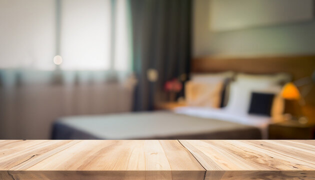 Wood table top and blurred bedroom background - can used for display or montage your products.