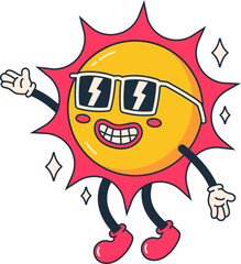 Sun Character with Glasses Retro Groovy Cartoon