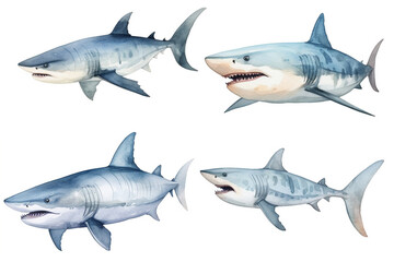 Obraz premium Set of watercolor paintings Shark fish on white background. 