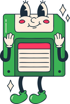 Old Floppy Disk Character Retro Groovy Cartoon