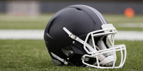 Close-up of dark American football helmet with face guard. On the background of a blurred football field.