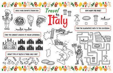 A fun holiday placemat for kids. Print out the “Travel to Italy” activity sheet with a labyrinth, find the differences, and find the same ones. 17x11 inch printable vector file - obrazy, fototapety, plakaty