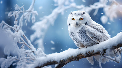 White winter owl perched on a tree branch in a winter