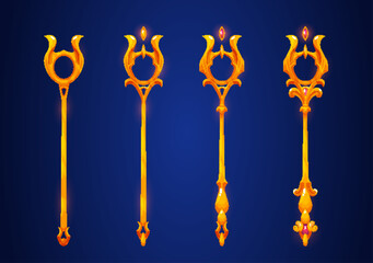 Fantasy scepter golden metal for game level rank ui design. Cartoon vector illustration set of decor evolution of wizard and magician fantastic weapon. Sorcerer enchantment stuff for rpg asset. - obrazy, fototapety, plakaty