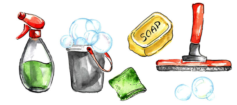 Spring cleaning.Tools and cleaning products for cleaning windows. Gray bucket with blue foam, aerosol in a bottle, green napkin and yellow soap, red scraper.Hand drawn watercolor painting
