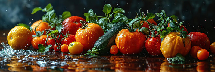 Black background with assortment of fresh vegetables, fruits and water splashes