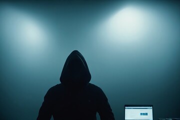 a dark hooded figure with a hidden face symbolizing the cyber threat. Hacker on the network - Powered by Adobe