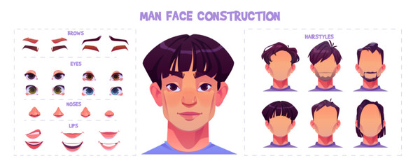 Young oriental man face construction kit. Cartoon vector illustration set of facial parts for creation male avatars with different emotions, noses and eyes, brows and hairstyles. Guy head generator. - obrazy, fototapety, plakaty
