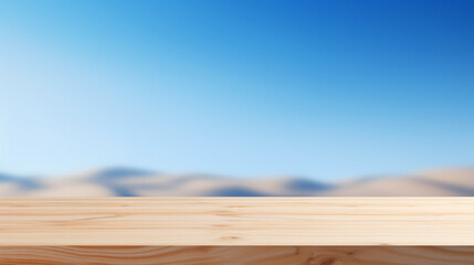 Wood table mockup with blue soft sky background.