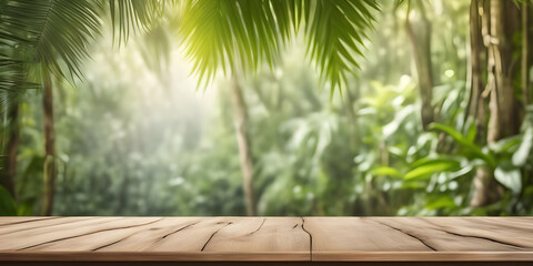 Empty wooden table in tropical forest for product presentation and green background.