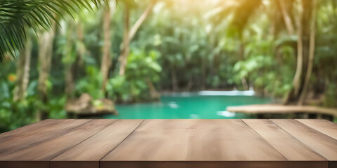 Empty wooden table in tropical forest for product presentation and green background. - obrazy, fototapety, plakaty