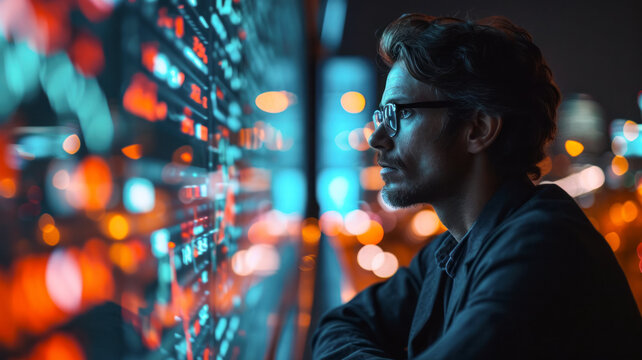 Businessman analyzing financial graph or forex trading chart, economic growth forecast and financing and investment business, big data processing and stock market analysis