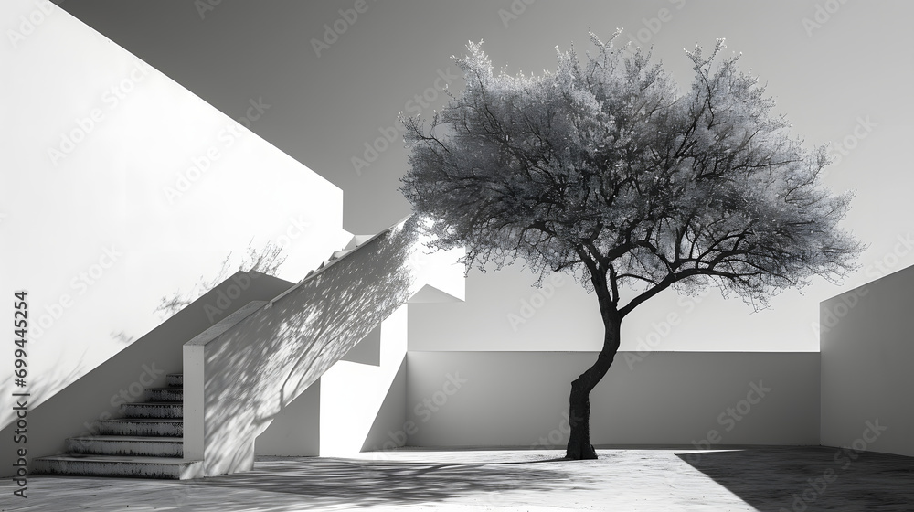 Poster monochrome serenity of tree and shadows. created with generative ai