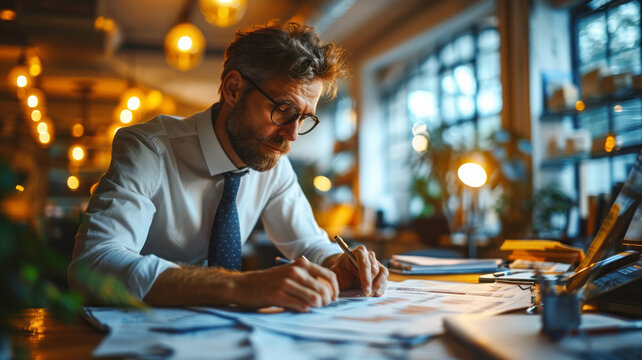 An accountant analyzing information on printed documents, preparing a report on the results of trading in the fund, processing and analyzing information for a tax report
